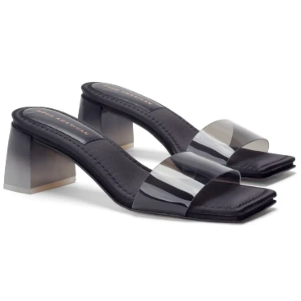 Good American Black and Clear Block Heel Sandals